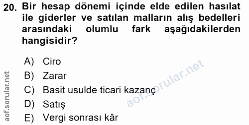 20. soru: Bir hesap dönemi içinde elde edilen hasılat ile giderler ve satılan malların alış bedelleri arasındaki olumlu fark aş…