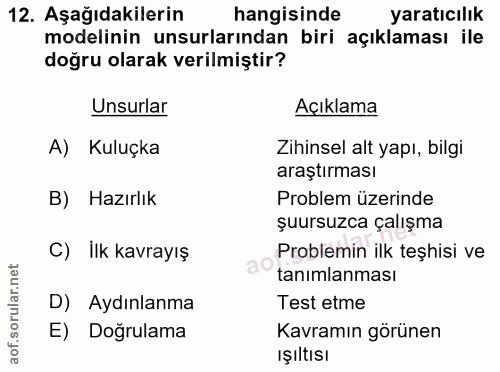12. soru: Aşağıdakilerin hangisinde yaratıcılık modelinin unsurlarından biri açıklaması ile doğru olarak verilmiştir? Unsurlar…