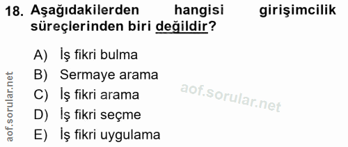 18. soru: Aşağıdakilerden hangisi girişimcilik süreçlerinden biri değildir? A) Iş fikri bulma B) Sermaye arama C) Iş fikri aram…