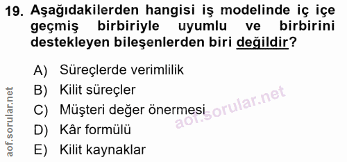 19. soru: Aşağıdakilerden hangisi iş modelinde iç içe geçmiş birbiriyle uyumlu ve birbirini destekleyen bileşenlerden biri deği…