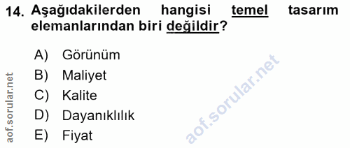 14. soru: Aşağıdakilerden hangisi temel tasarım elemanlarından biri değildir? A) Görünüm B) Maliyet C) Kalite D) Dayanıklılık E…
