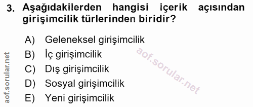 3. soru: Aşağıdakilerden hangisi içerik açısından girişimcilik türlerinden biridir? A) Geleneksel girişimcilik B) Iç girişimci…