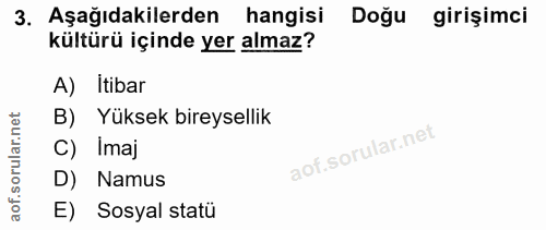 3. soru: Aşağıdakilerden hangisi Doğu girişimci kültürü içinde yer almaz? A) Itibar B) Yüksek bireysellik C) Imaj D) Namus E)…