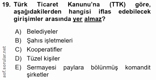 19. soru: Türk Ticaret Kanunu'na (TTK) göre, aşağıdakilerden hangisi iflas edebilecek girişimler arasında yer almaz? A) Belediy…