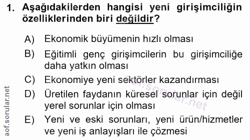 1. soru: Aşağıdakilerden hangisi yeni girişimciliğin özelliklerinden biri değildir? A) Ekonomik büyümenin hızlı olması B) Eğit…