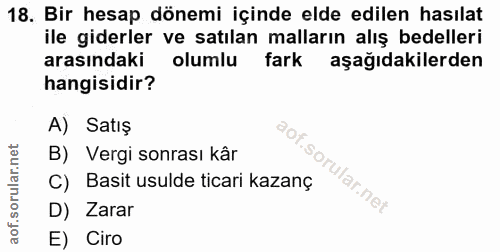 18. soru: Bir hesap dönemi içinde elde edilen hasılat ile giderler ve satılan malların alış bedelleri arasındaki olumlu fark aş…