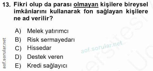 13. soru: Fikri olup da parası olmayan kişilere bireysel imkânlarını kullanarak fon sağlayan kişilere ne ad verilir? A) Melek y…