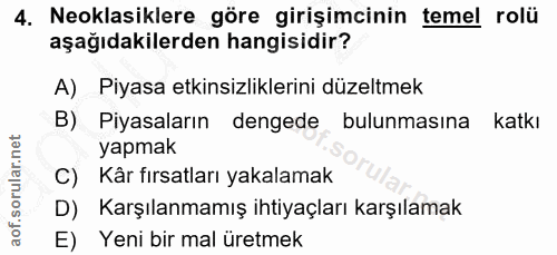4. soru: Neoklasiklere göre girişimcinin temel rolü aşağıdakilerden hangisidir? A) Piyasa etkinsizliklerini düzeltmek B) Piyas…