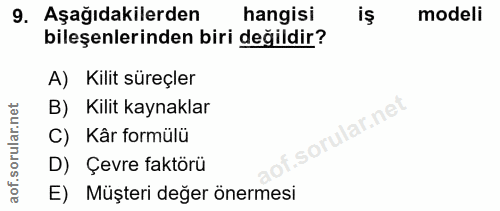 9. soru: Aşağıdakilerden hangisi modeli bileşenlerinden biri değildir? A) Kilit süreçler B) Kilit kaynaklar C) Kâr formülü D)…