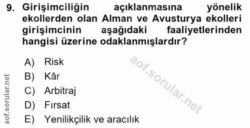 9. soru: Girişimciliğin açıklanmasına yönelik ekollerden olan Alman ve Avusturya ekolleri girişimcinin aşağıdaki faaliyetlerin…