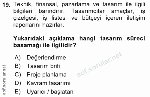 19. soru: Teknik, finansal, pazarlama ve tasarım ile ilgili bilgileri barındırır. Tasarımcılar amaçlar, iş çizelgesi, iş listes…