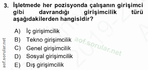 3. soru: İşletmede her pozisyonda çalışanın girişimci gibi davrandığı girişimcilik türü aşağıdakilerden hangisidir? A) Iç giri…