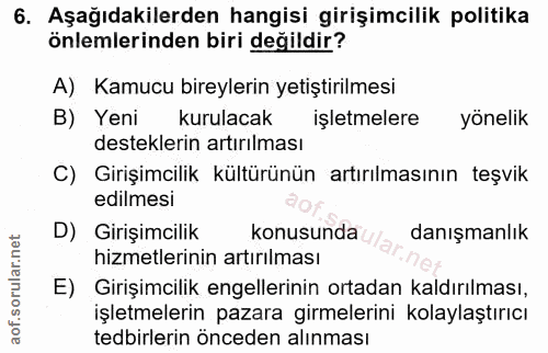 6. soru: Aşağıdakilerden hangisi girişimcilik politika önlemlerinden biri değildir? A) Kamucu bireylerin yetiştirilmesi B) Yen…