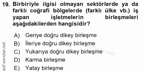19. soru: Birbiriyle ilgisi olmayan sektörlerde ya da farklı coğrafi bölgelerde (farklı ülke vb.) iş yapan işletmelerin birleşm…