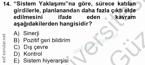 14. soru: "Sistem Yaklaşımı"na göre, sürece katılan girdilerle, planlanandan daha fazla çıktı elde edilmesini ifade eden kavram…
