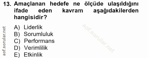13. soru: Amaçlanan hedefe ne ölçüde ulaşıldığını ifade eden kavram aşağıdakilerden hangisidir? A) Liderlik B) Sorumluluk C) Pe…
