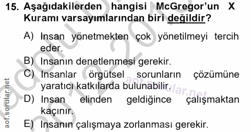 15. soru: Aşağıdakilerden hangisi McGregor'un X Kuramı varsayımlarından biri değildir? A) Insan yönetmekten çok yönetilmeyi ter…