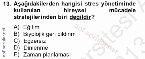 13. soru: Aşağıdakilerden hangisi stres yönetiminde kullanılan bireysel mücadele stratejilerinden biri değildir? A) Eğitim B) B…