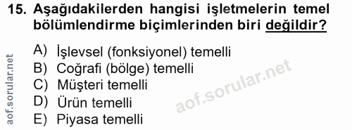 15. soru: Aşağıdakilerden hangisi işletmelerin temel bölümlendirme biçimlerinden biri değildir? A) Işlevsel (fonksiyonel) temel…