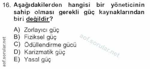 16. soru: Aşağıdakilerden hangisi bir yöneticinin sahip olması gerekli güç kaynaklarından biri değildir? A) Zorlayıcı güç B) Fi…