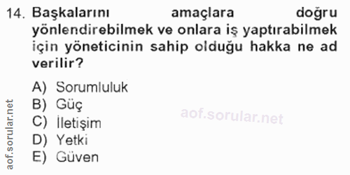 14. soru: Başkalarını amaçlara dogru yönlendirebilmek ve onlara iş yaptırabilmek için yöneticinin sahip olduğu hakka ne ad veri…