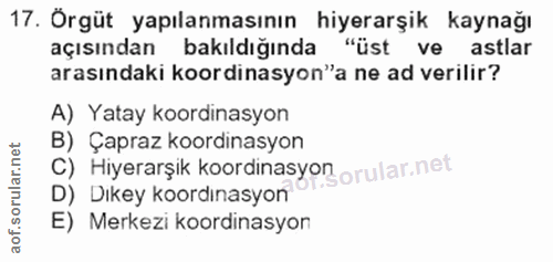 17. soru: Örgüt yapılanmasının hiyerarşik kaynağı açısından bakıldığında "üst ve astlar arasındaki koordinasyon"a ne ad verilir…