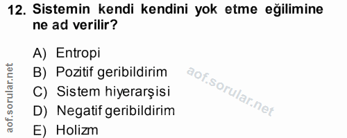 12. soru: Sistemin kendi kendini yok etme eğilimine ne ad verilir? A) Entropi B) Pozitif geribildirim C) Sistem hiyerarşisi D)…
