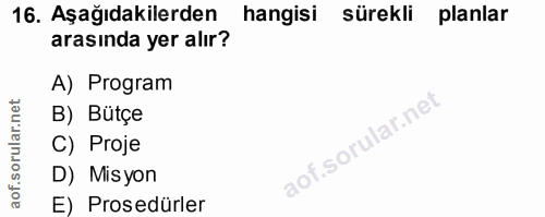 16. soru: Aşağıdakilerden hangisi sürekli planlar arasında yer alır? A) Program B) Bütçe C) Proje D) Misyon E) Prosedürler