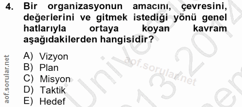 4. soru: Bir organizasyonun amacını, çevresini, değerlerini ve gitmek istediği yönü genel hatlarıyla ortaya koyan kavram aşağı…