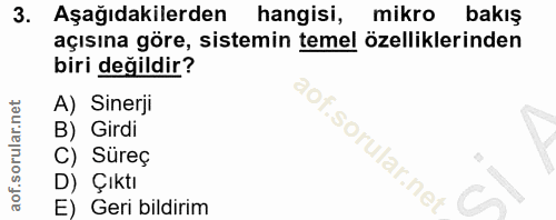 3. soru: Aşağıdakilerden hangisi, mikro bakış açısına göre, sistemin temel özelliklerinden biri değildir? A) Sinerji B) Girdi…