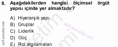 8. soru: Aşağıdakilerden hangisi biçimsel örgüt yapısı içinde yer almaktadır? A) Hiyerarşik yapı B) Gruplar C) Liderlik D) Güç…