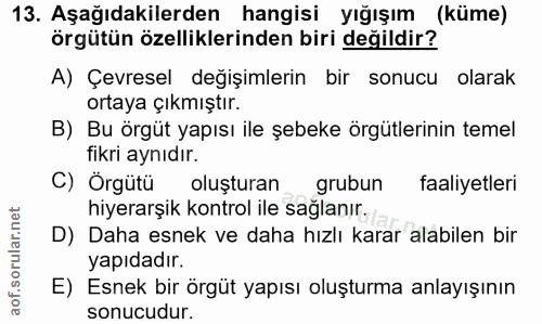 13. soru: Aşağıdakilerden hangisi yığışım (küme) örgütün özelliklerinden biri değildir? A) Çevresel değişimlerin bir sonucu ola…
