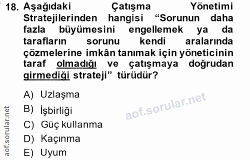 18. soru: Aşağıdaki Çatışma Yönetimi Stratejilerinden hangisi "Sorunun daha fazla büyümesini engellemek yada tarafların sorunu…