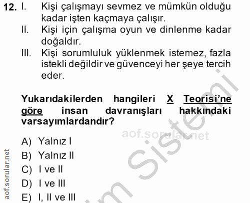 12. soru: I. Kişi çalışmayı sevmez ve mümkün olduğu kadar işten kaçmaya çalışır. II. Kişi için çalışma oyun ve dinlenme kadar d…
