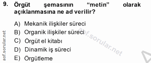 9. soru: Örgüt şemasının "metin" olarak açıklanmasına ne ad verilir? A) Mekanik ilişkiler süreci B) Organik ilişkiler süreci C…