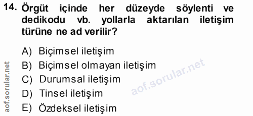 14. soru: Örgüt içinde her düzeyde söylenti ve dedikodu vb. yollarla aktarılan iletişim türüne ne ad verilir? A) Biçimsel ileti…