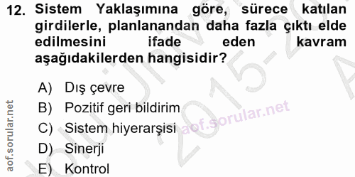 12. soru: Sistem Yaklaşımına göre, sürece katılan edilmesini planlananden da arazla kavran kavram aşağıdakilerden hangisidir? A…