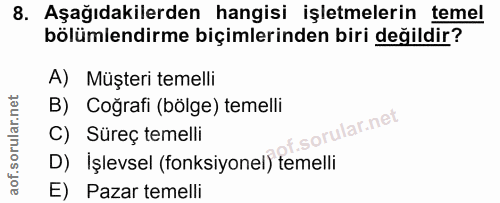8. soru: Aşağıdakilerden hangisi işletmelerin temel bölümlendirme biçimlerinden biri değildir? A) Müşteri temelli B) Coğrafi (…