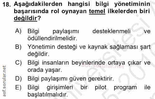18. soru: Aşağıdakilerden hangisi bilgi yönetiminin başarısında rol oynayan temel ilkelerden biri değildir? A) Bilgi paylaşımı…