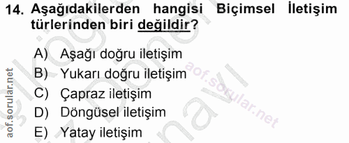 14. soru: Aşağıdakilerden hangisi Biçimsel İletişim türlerinden biri değildir? A) Aşağı doğru iletişim B) Yukarı doğru iletişim…