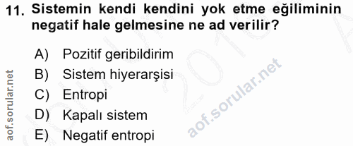 11. soru: Sistemin kendi kendini yok etme eğiliminin negatif hale gelmesine ne ad verilir? A) Pozitif geribildirim B) Sistem hi…