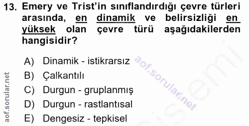 13. soru: Emery ve Trist'in sınıflandırdığı çevre türleri arasında, en dinamik ve belirsizliği en yuksek olan çevre türü aşağıd…