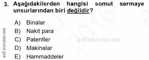 3. soru: Aşağıdakilerden hangisi somut sermaye unsurlarından biri değildir? A) Binalar B) Nakit para C) Patentler D) Makinalar…
