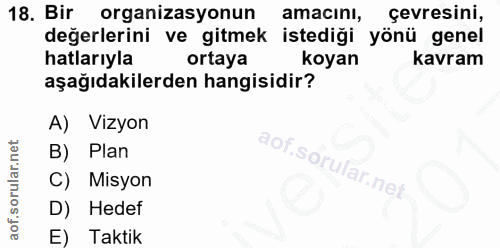 18. soru: Bir organizasyonun amacinl, çevresini, değerlerini ve gitmek istediği yönü genel hatlarıyla ortaya koyan kavram aşağı…