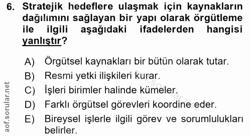 6. soru: Stratejik hedeflere ulaşmak için kaynakların dağılımını sağlayan bir yapı olarak örgütleme ile ilgili aşağıdaki ifade…
