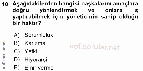 10. soru: Aşağıdakilerden hangisi başkalarını amaçlara doğru yönlendirmek ve onlara iş yaptırabilmek için yöneticinin sahip old…