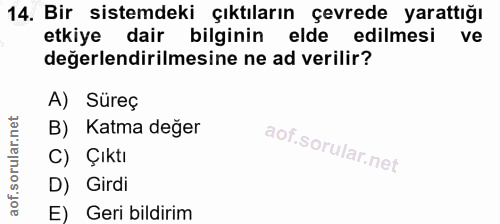 14. soru: Bir sistemdeki çıktıların çevrede yarattığı etkiye dair bilginin elde edilmesi ve değerlendirilmesine ne ad verilir?…