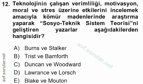 12. soru: Teknolojinin çalışan verimliliği, motivasyon, moral ve stres üzerine etkilerini incelemek amacıyla kömür madenlerinde…