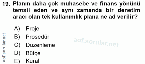 19. soru: Planın daha çok muhasebe ve finans yönünü temsil eden ve aynı zamanda bir denetim aracı olan tek kullanımlık plana ne…