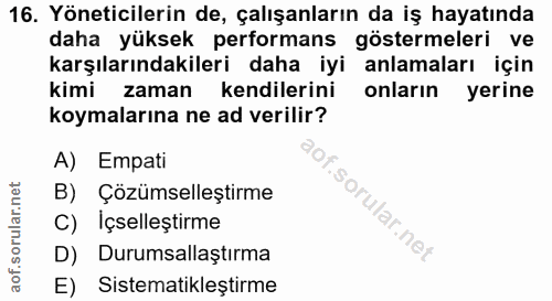 16. soru: Yöneticilerin de, çalışanların da iş hayatında daha yüksek performans göstermeleri ve karşılarındakıleri daha iyi anl…